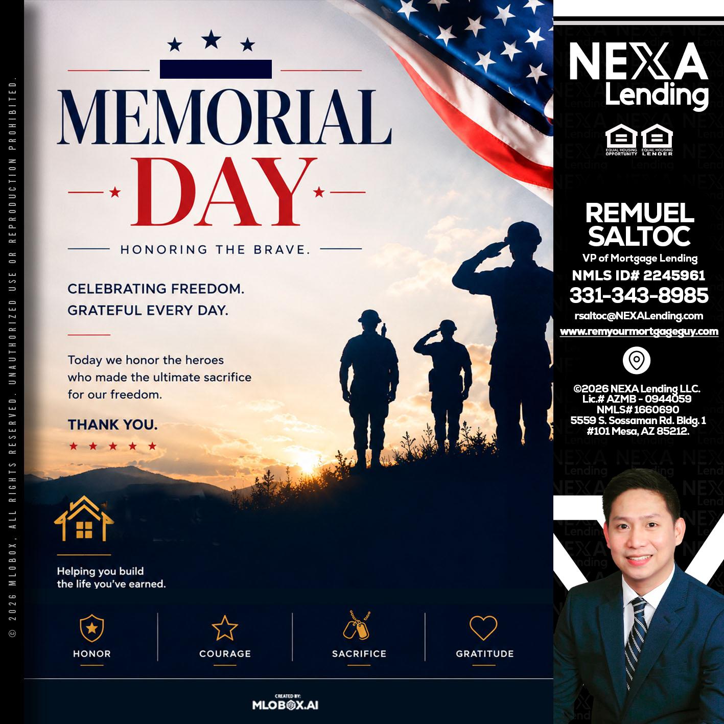 MEMORIAL DAY - Remuel Saltoc -VP of Mortgage Lending