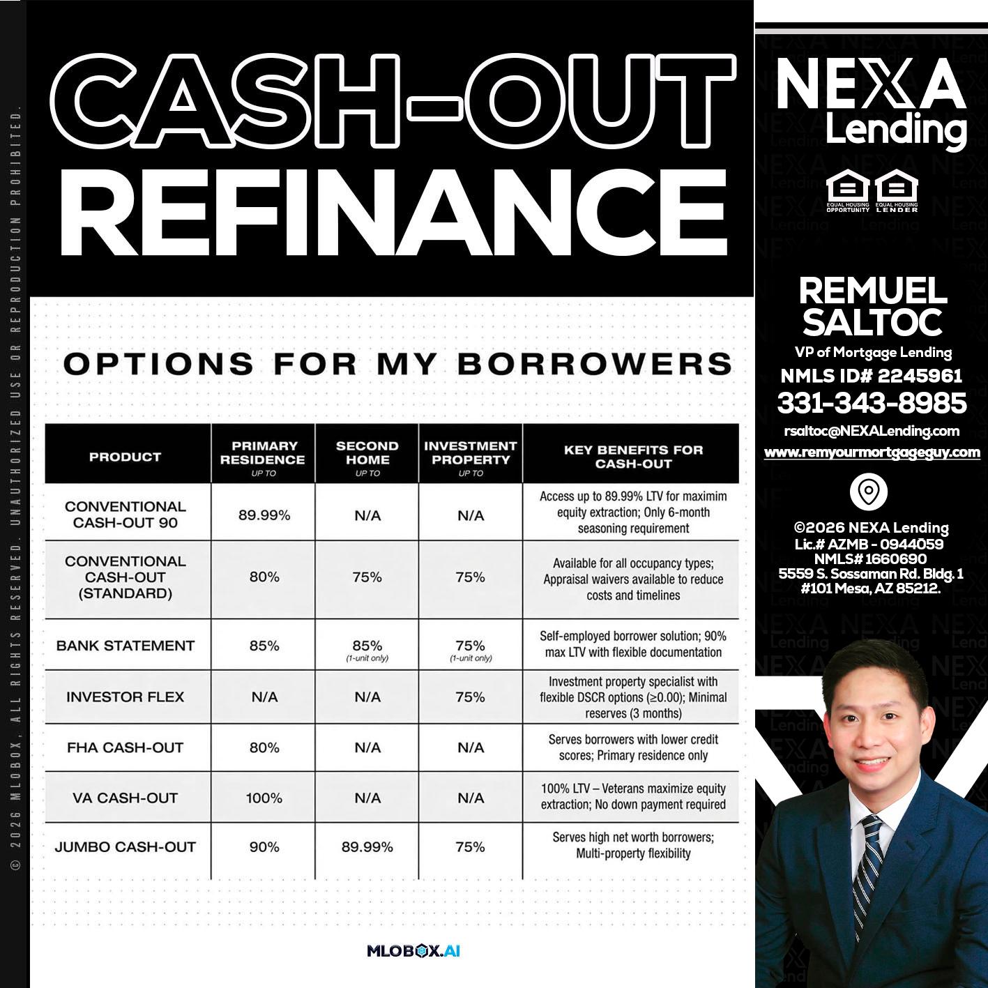 CASH OUT - Remuel Saltoc -VP of Mortgage Lending