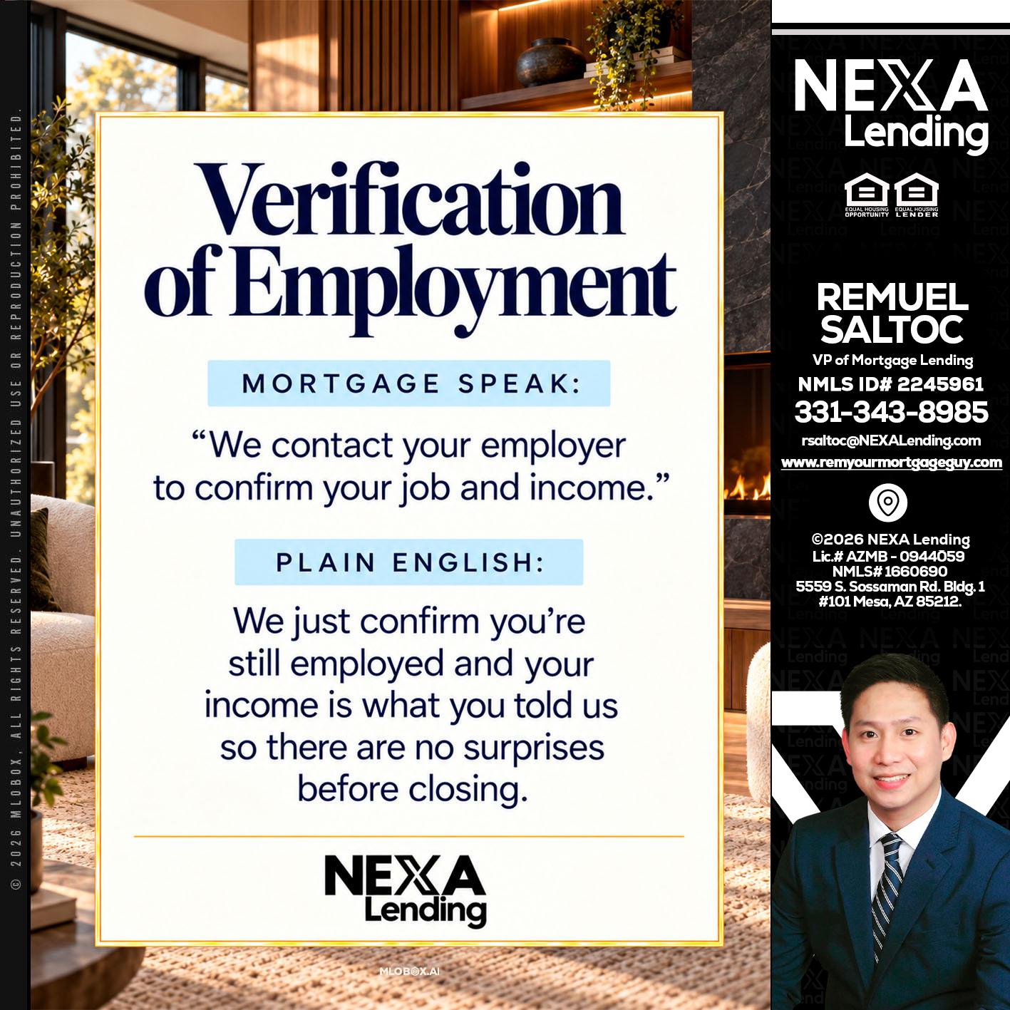 VERIFICATION OF EMPLOYMENT - Remuel Saltoc -VP of Mortgage Lending