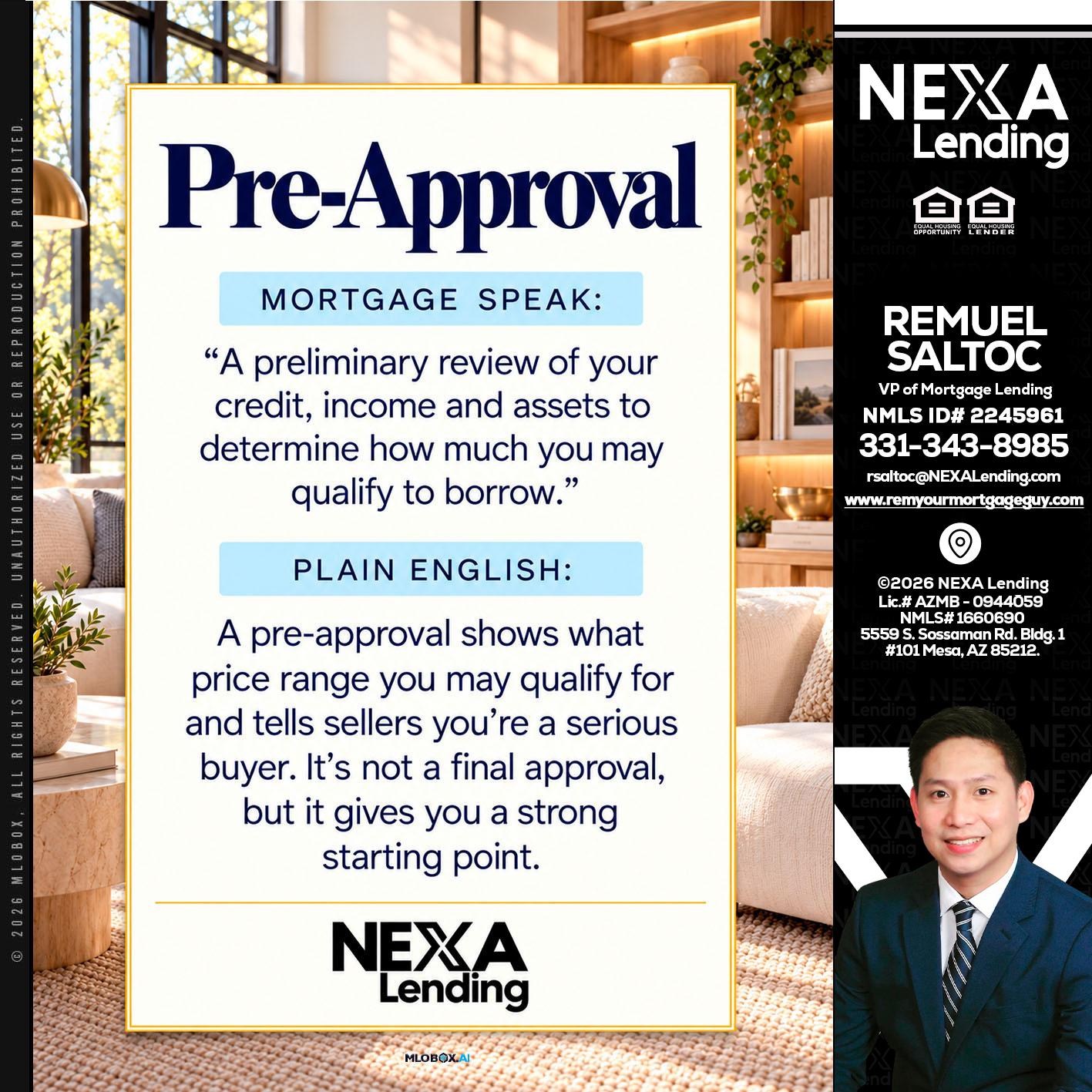 PREAPROVAL - Remuel Saltoc -VP of Mortgage Lending